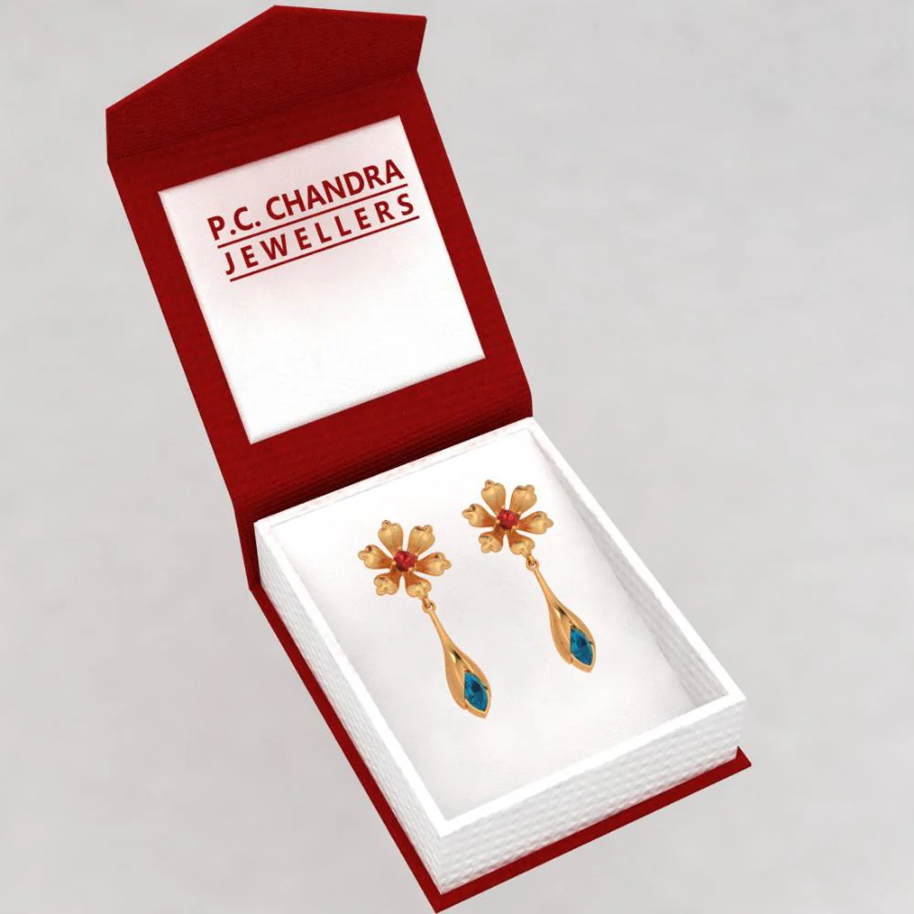 Floral Style 18k Gold Blue And Red Gems Earrings - Image 6