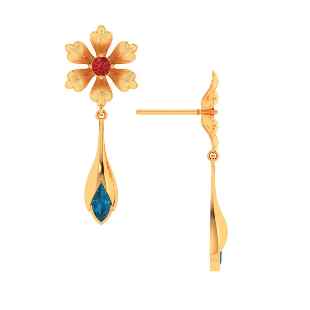 Floral Style Blue And Red Gems 22k Gold Earrings - Image 2