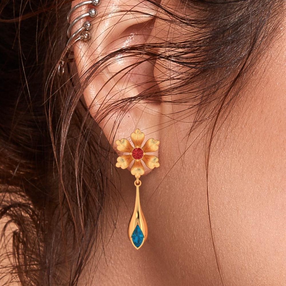 Floral Style Blue And Red Gems 22k Gold Earrings - Image 5
