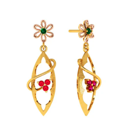 Gold Earrings With Green And Red Stones Embedded Into Feminine Design - Image 2