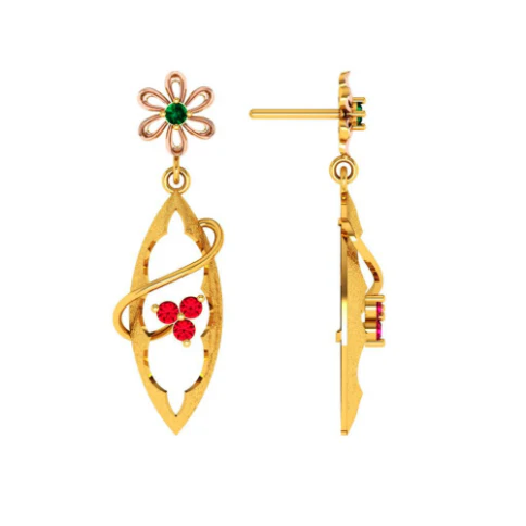 Gold Earrings With Green And Red Stones Embedded Into Feminine Design - Image 3