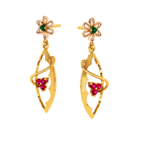 Gold Earrings With Green And Red Stones Embedded Into Feminine Design - Image 4