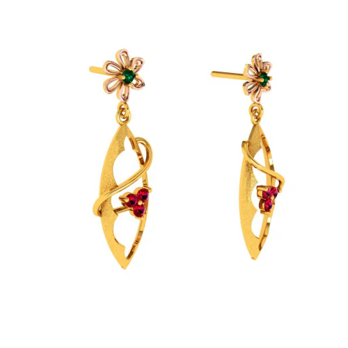 Gold Earrings With Green And Red Stones Embedded Into Feminine Design - Image 7