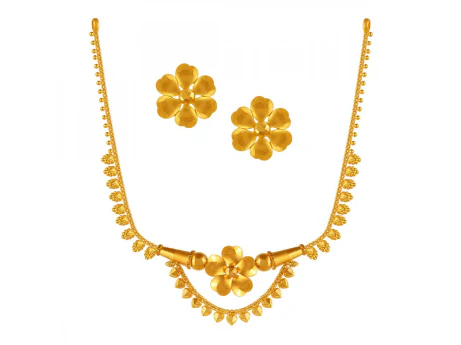 Intricate Designer 22k Gold Fine Jewellery Set With Floral Motif