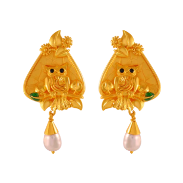 Owl Shaped 22k Gold Earrings With Hanging Pearls