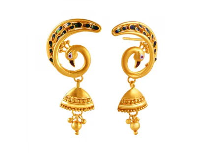 Peacock Shaped 22k Gold Jhumka Earrings With Meenakari Work - Image 2