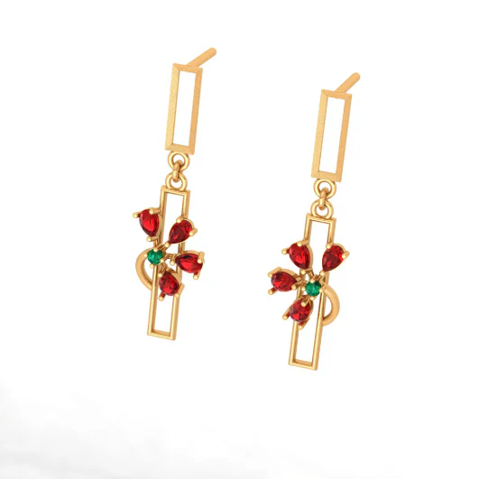 Red Petal Motif Gold Earrings - Image 6