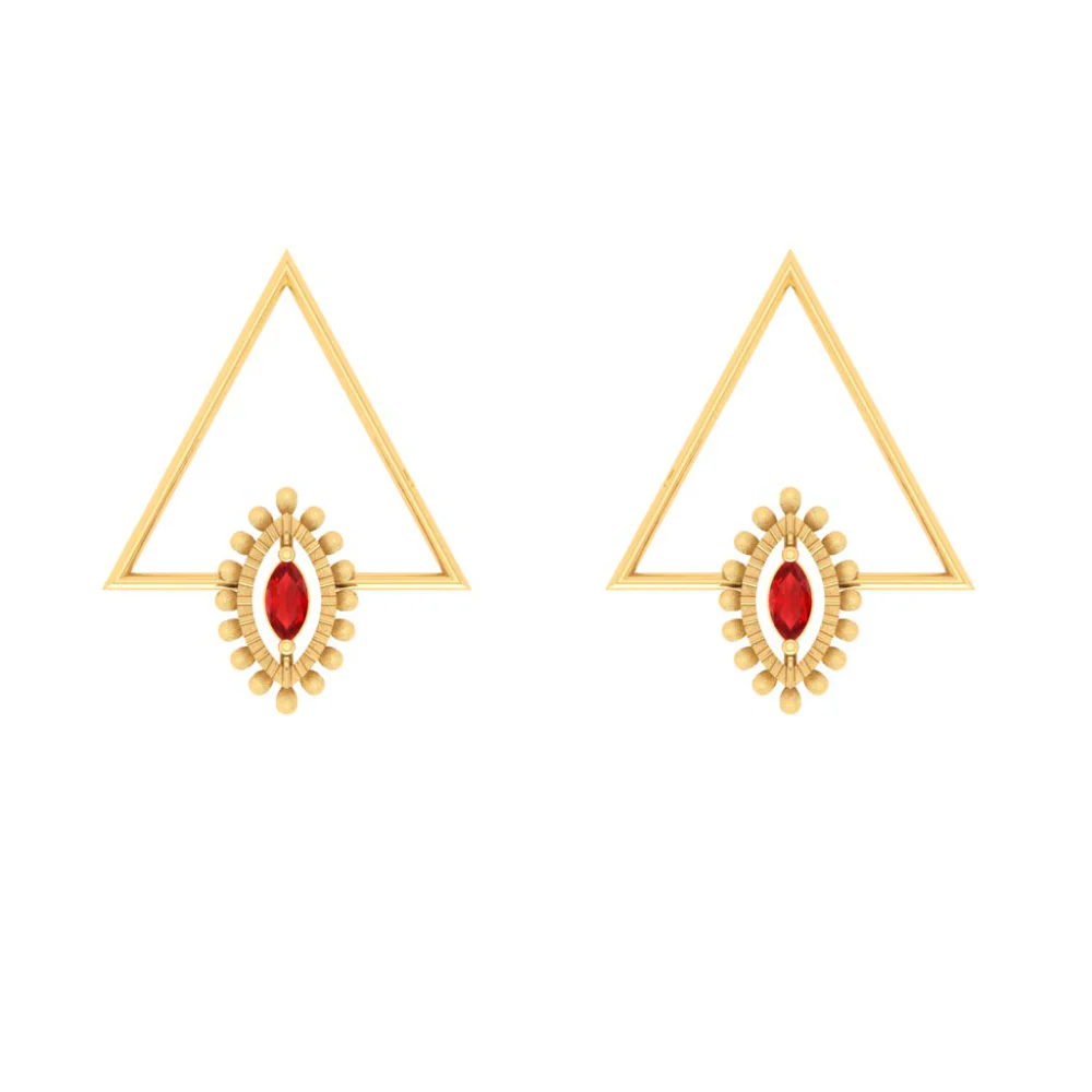 Red Stone-studded Triangle Shaped Gold Earring For Women