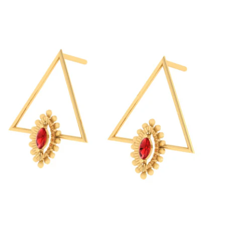 Red Stone-studded Triangle Shaped Gold Earring For Women - Image 5