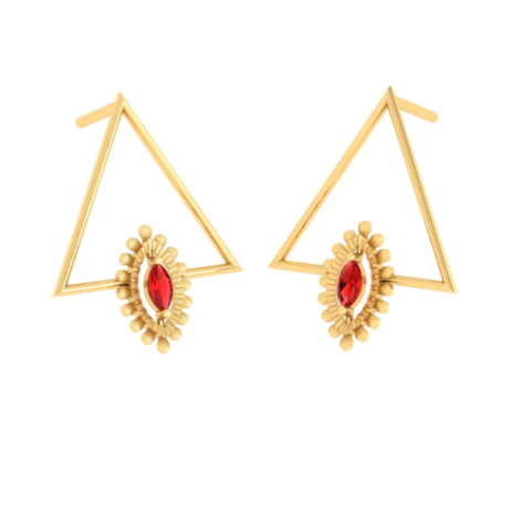 Red Stone-studded Triangle Shaped Gold Earring For Women - Image 6