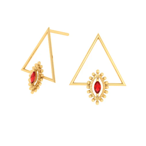 Red Stone-studded Triangle Shaped Gold Earring For Women - Image 7