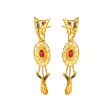 Regal 22k Gold Necklace Earrings Set With Floral Kolka & Meenakari Work - Image 4