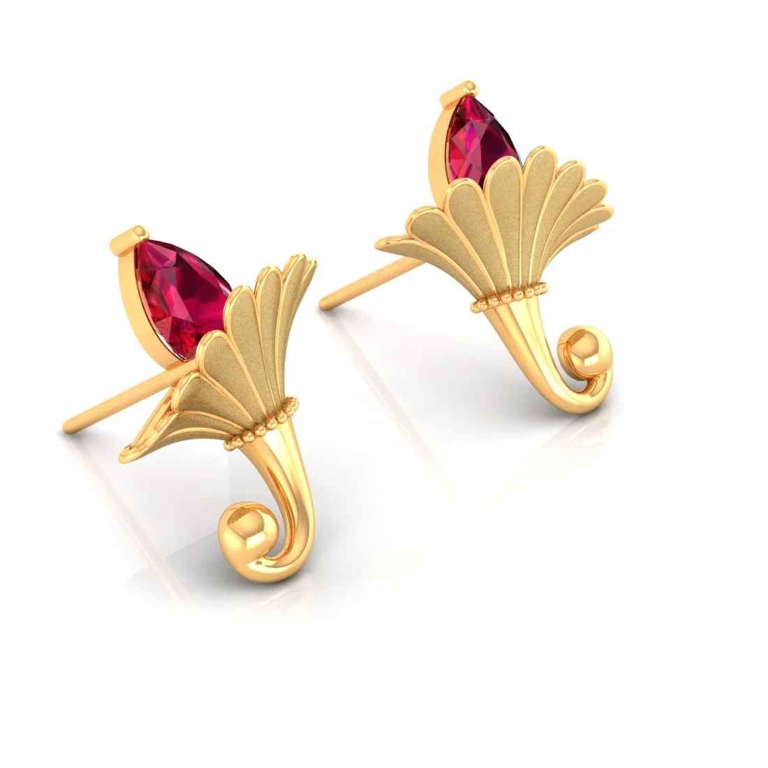 Ruby Blossom Stud Earrings With Petals In 14K Gold - Image 3