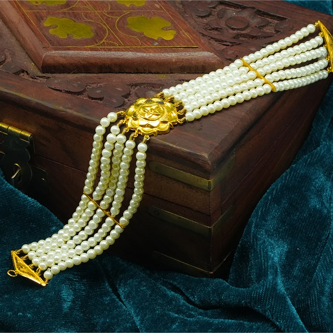 Shwetanshi 22KT (916) Pearl Strand Gold Choker Necklace with Floral Gold Centre