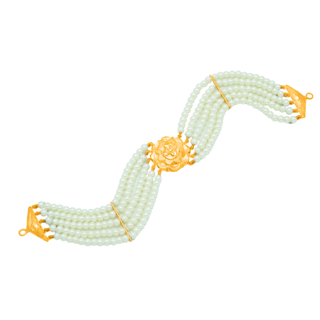 Shwetanshi 22KT (916) Pearl Strand Gold Choker Necklace with Floral Gold Centre - Image 6
