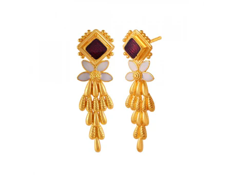 Stylish 22k Floral Gold Drop Earrings With Meenakari Work - Image 2