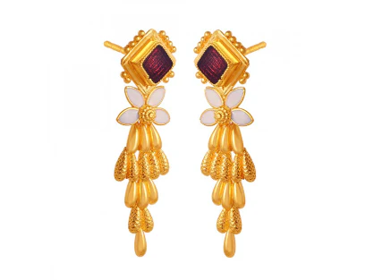 Stylish 22k Floral Gold Drop Earrings With Meenakari Work - Image 3