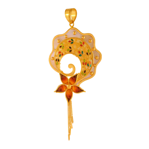 Traditional 22k Gold Pendant With Floral Meenakari Work - Image 2