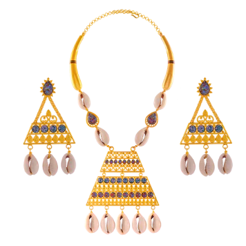 Unique Boho 22k Gold Necklace Earrings Set With Cowrie Shells