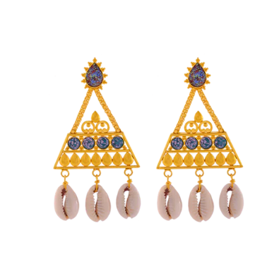Unique Boho 22k Gold Necklace Earrings Set With Cowrie Shells - Image 3